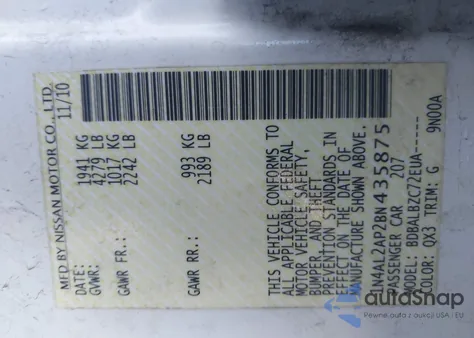 2011 Nissan Altima 2.5 S z USA, uszkodzony, nr VIN 1N4AL2AP2BN435875